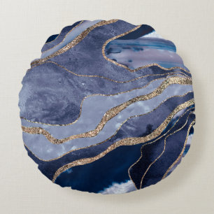 Blue Marble Agate Gold Glitter Glam #1 Round Pillow