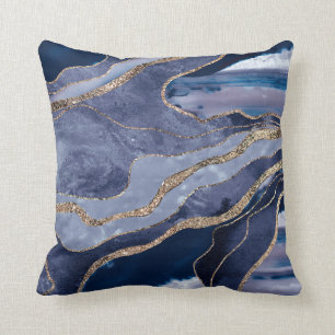 Blue Marble Agate Gold Glitter Glam #1 Throw Pillow