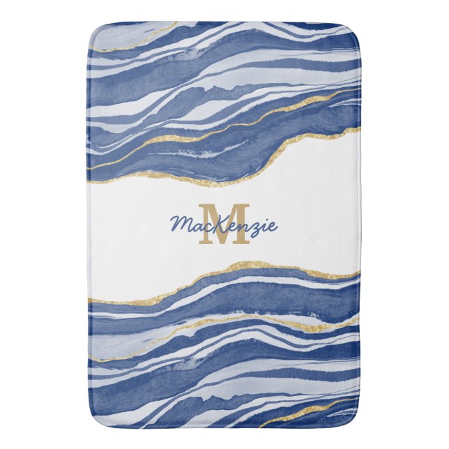 Blue Marble Agate Gold Glitter Monogram Bath Mat (Front Vertical)