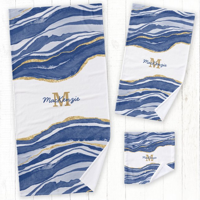 Blue Marble Agate Gold Glitter Monogram Bath Towel Set (Watercolor blue agate monogram name towel set)