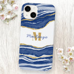 Blue Marble Agate Gold Glitter Monogram Name Case-Mate iPhone 14 Case<br><div class="desc">Indigo blue watercolor agate marble design with faux gold glitter detail.  Change the name and monogram Initial to customize.</div>