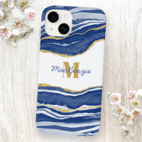 Blue Marble Agate Gold Glitter Monogram Name