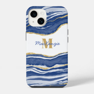 Blue Marble Agate Gold Glitter Monogram Name iPhone 14 Case