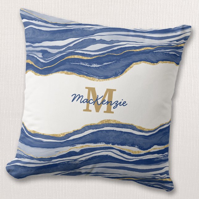 Blue Marble Agate Gold Glitter Monogram Throw Pillow (Creator Uploaded)
