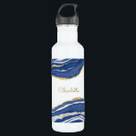 Blue Marble Agate Gold Glitter Personalized 710 Ml Water Bottle<br><div class="desc">Indigo blue watercolor agate marble design with faux gold glitter detail.  Change the name to customize.</div>