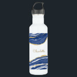Blue Marble Agate Gold Glitter Personalized 710 Ml Water Bottle<br><div class="desc">Indigo blue watercolor agate marble design with faux gold glitter detail.  Change the name to customize.</div>
