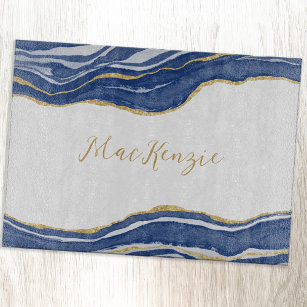 Blue Marble Agate Gold Glitter Personalized Cutting Board