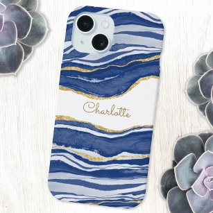 Blue Marble Agate Gold Glitter Personalized iPhone 15 Case
