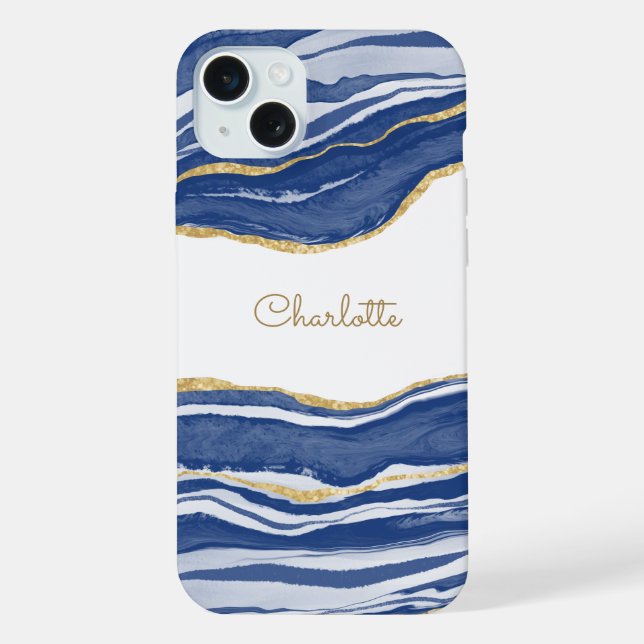 Blue Marble Agate Gold Glitter Personalized iPhone Case (Back)