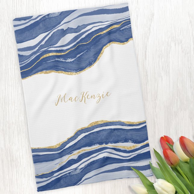 Blue Marble Agate Gold Glitter Personalized Kitchen Towel (Blue agate marble watercolor personalized name kitchen towel)