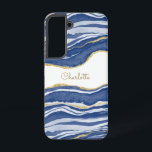 Blue Marble Agate Gold Glitter Personalized Samsung Galaxy Case<br><div class="desc">Indigo blue watercolor agate marble design with faux gold glitter detail.  Change the name to customize.</div>