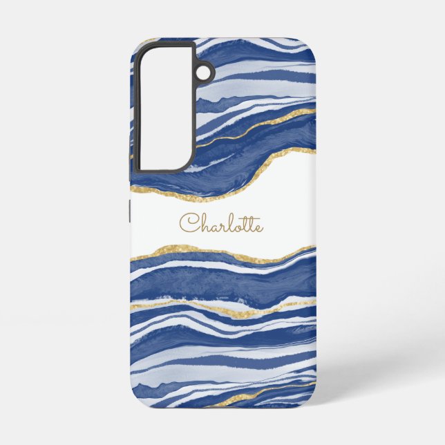 Blue Marble Agate Gold Glitter Personalized Samsung Galaxy S22 Case (Back)