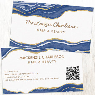 Blue Marble Agate Gold Glitter QR Code Business Card