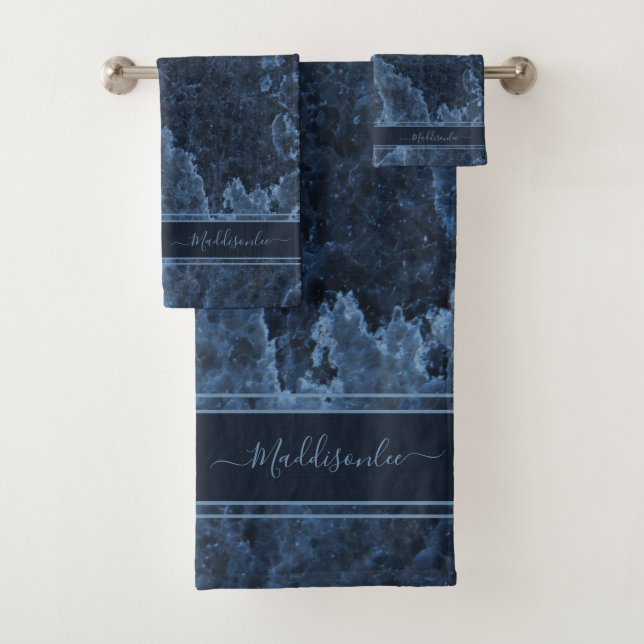 Blue Marble Agate Script Minimal Simple Chic Bath  Bath Towel Set (Insitu)