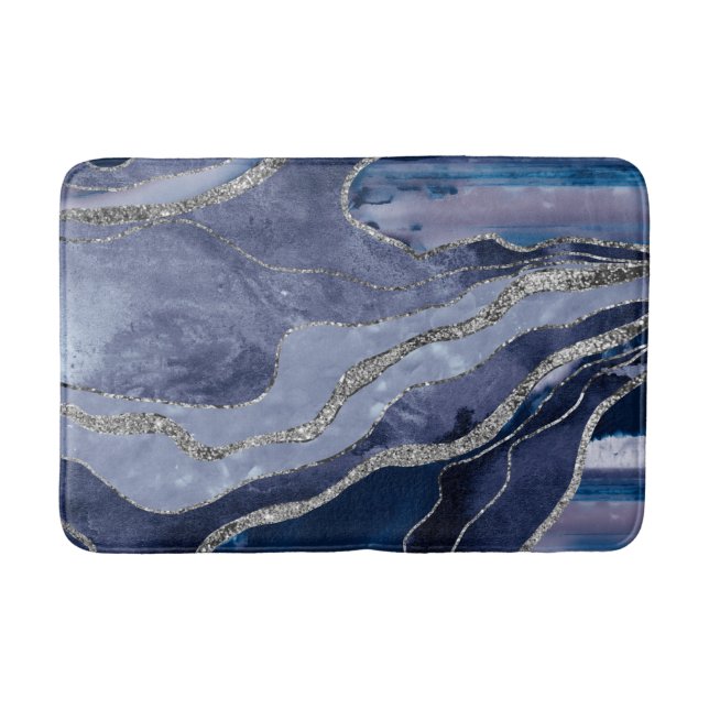 Blue Marble Agate Silver Glitter Glam #1  Bath Mat (Front)