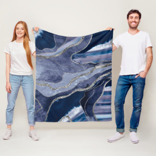 Blue Marble Agate Silver Glitter Glam #1 Fleece Blanket
