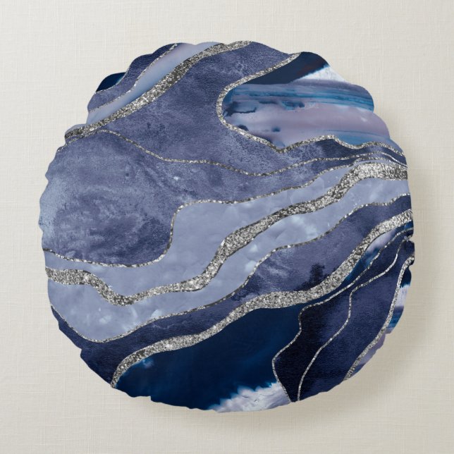 Blue Marble Agate Silver Glitter Glam #1  Round Pillow (Front)