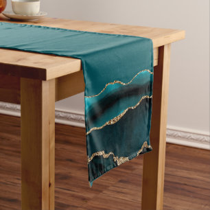 BLUE MARBLE AGATE SILVER GLITTER GLAM SHORT TABLE RUNNER