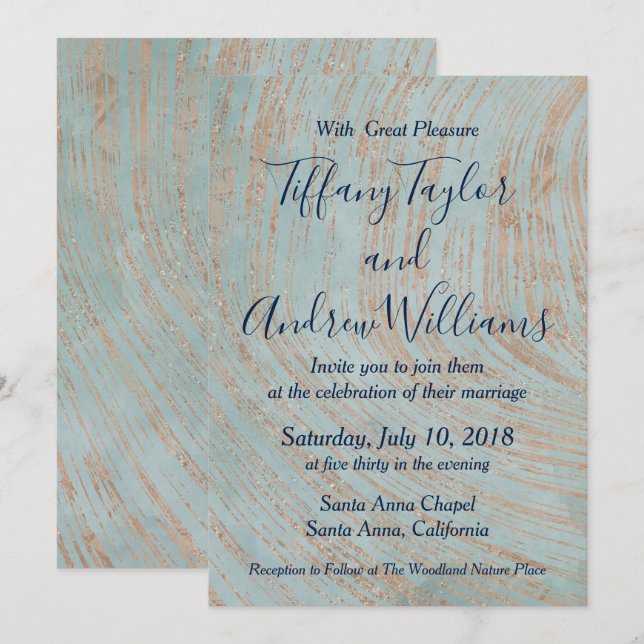 Blue Marble and Copper Wedding Invitation (Front/Back)