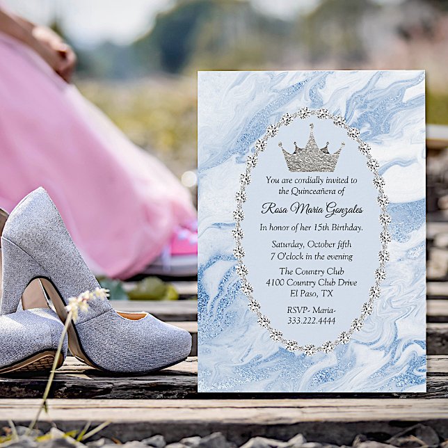 Blue Marble and Diamonds Crown Quinceañera Invitation (Creator Uploaded)