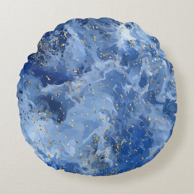 Blue marble and gold texture round pillow (Front)