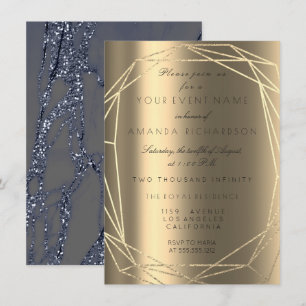 Blue Marble Bridal Birthday Diamond Frame Gold Invitation