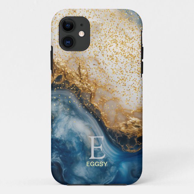 Blue marble chic gold glitter monogram Case-Mate iPhone case (Back)