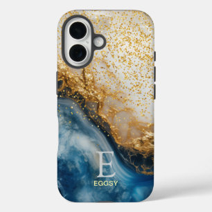 Blue marble chic gold glitter monogram  iPhone 16 case