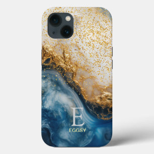 Blue marble chic gold glitter monogram iPhone 13 case