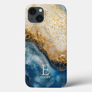 Blue marble chic gold glitter monogram iPhone 13 case