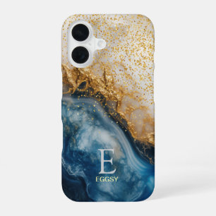 Blue marble chic gold glitter monogram iPhone 16 case