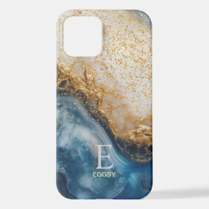 Blue marble chic gold glitter monogram iPhone 12 case