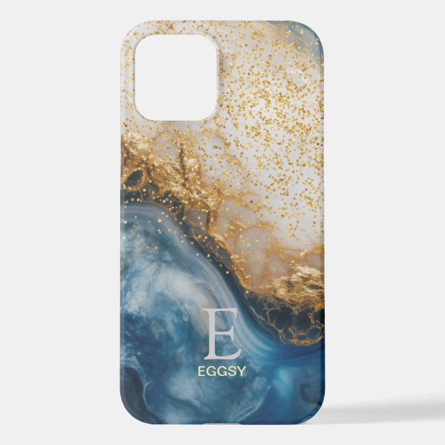 Blue marble chic gold glitter monogram iPhone case (Back)