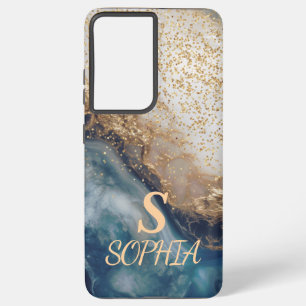 blue marble chic gold glitter monogram samsung galaxy case