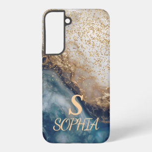 blue marble chic gold glitter monogram samsung galaxy case