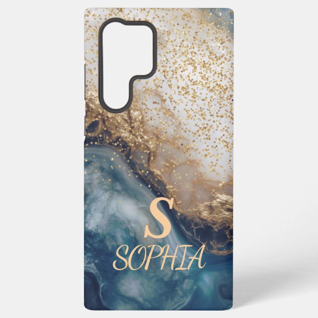 blue marble chic gold glitter monogram samsung galaxy s22 ultra case (Back)