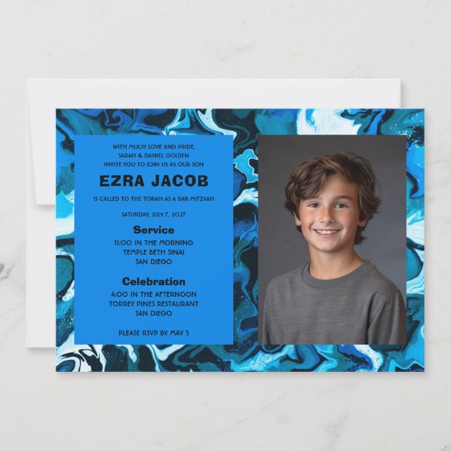 Blue Marble Custom PHOTO Bar Bat Mitzvah Invitation (Front)