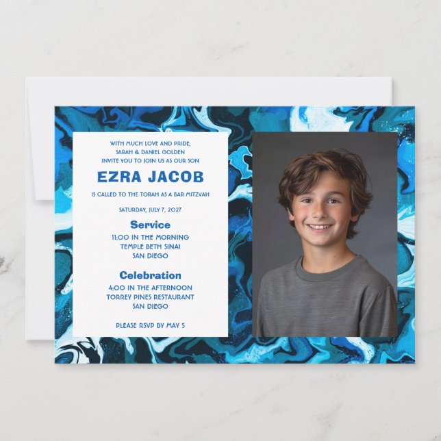 Blue Marble Custom PHOTO Bar Bat Mitzvah Invitation (Front)