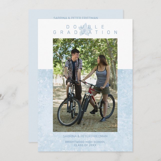 Blue Marble Effect Romantic Photo Twins Graduation Invitation (Front/Back)