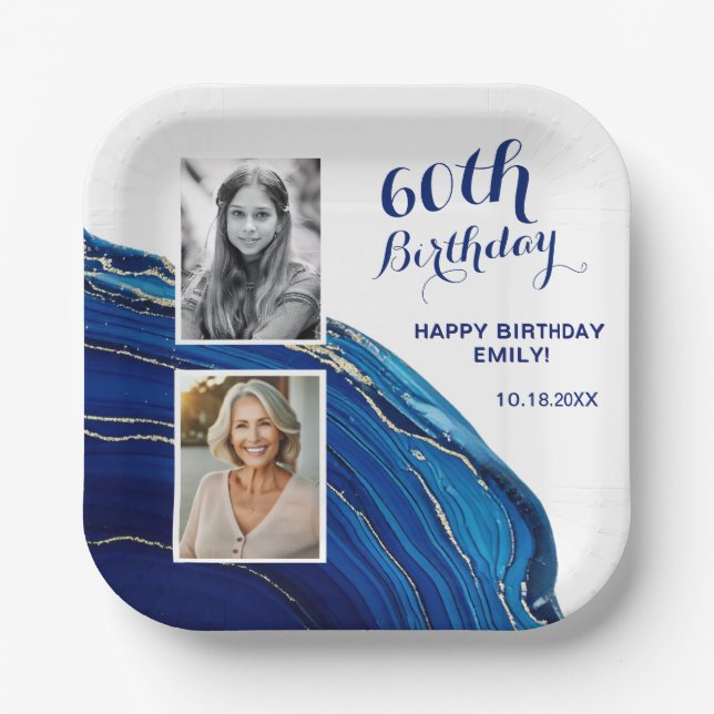 Blue Marble Glitter 2 Photo Birthday Party Paper Plate (Front)