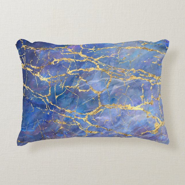 Blue Marble Gold Abstract Texture Accent Pillow (Front)