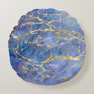 Blue Marble Gold Abstract Texture Round Pillow