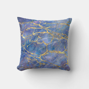 Blue Marble Gold Abstract Texture Throw Pillow