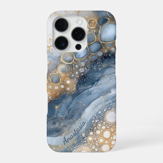 Blue Marble Gold Glitter Personalized iPhone Case (Back)