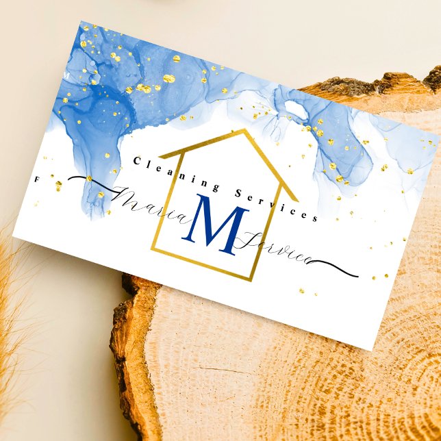 Blue marble golden house design cleaning service  business card (Creator Uploaded)