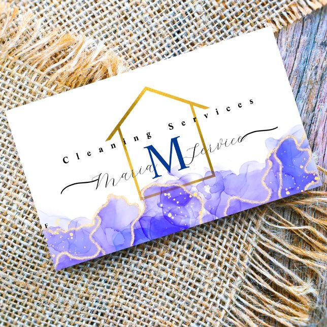 Blue marble golden house design cleaning service  business card (Creator Uploaded)
