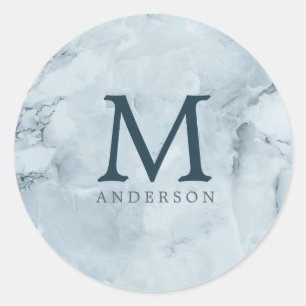 blue marble masculine double monogram classic round sticker
