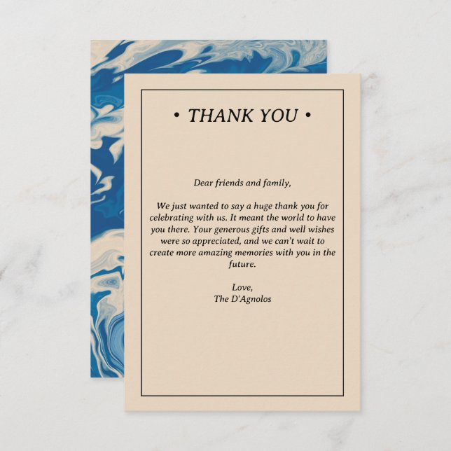 Blue Marble Modern Coastal Wedding Thank You Card (Front/Back)