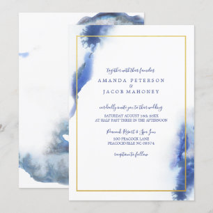 Blue Marble Ombre Gold Frame Wedding Invitation
