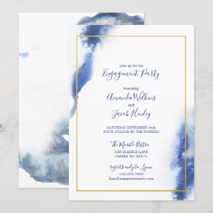 Blue Marble Ombre Gold Wedding Engagement Party Invitation